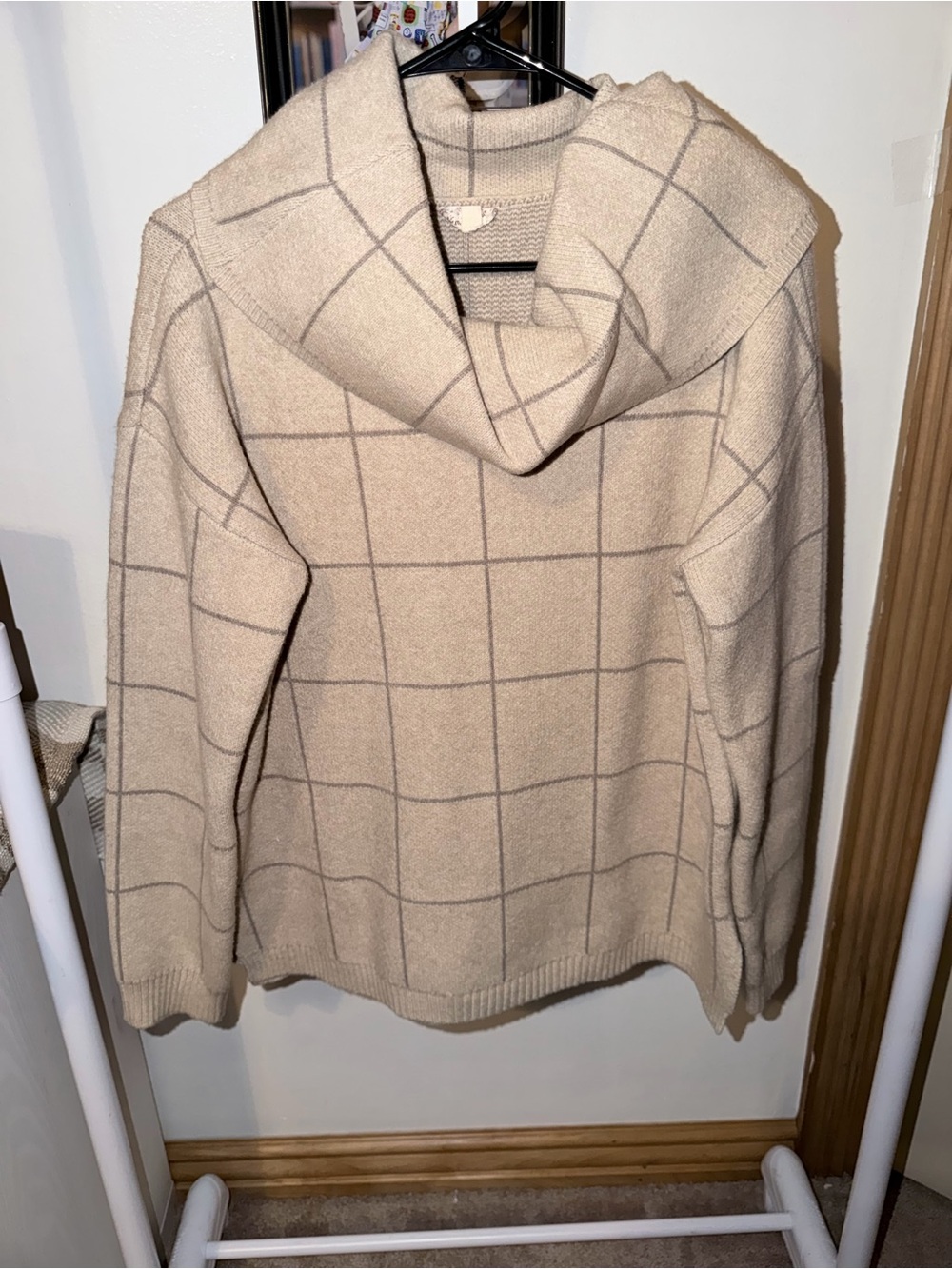 Hem & Thread Neutral Windowpane Hooded Sweater - Cream Plaid
